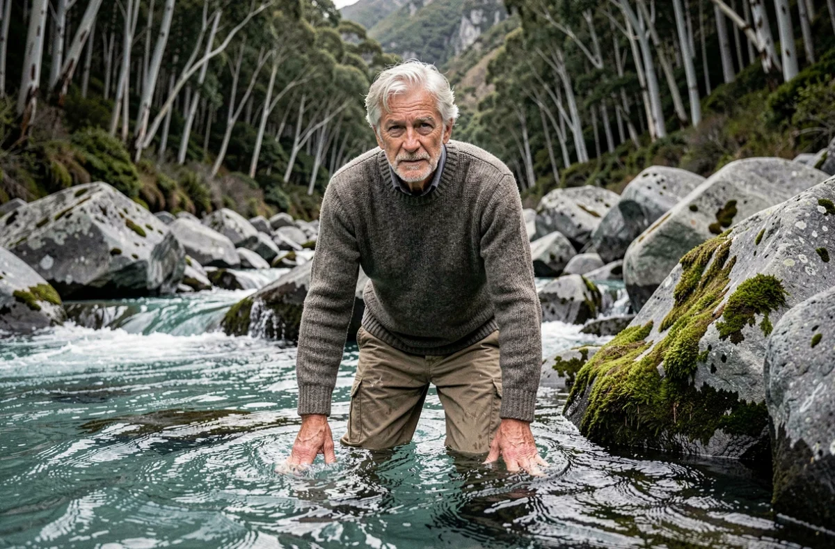 Homme aux cheveux argentés debout dans une rivière turquoise de Patagonie entourée de rochers et de forêt de hêtres