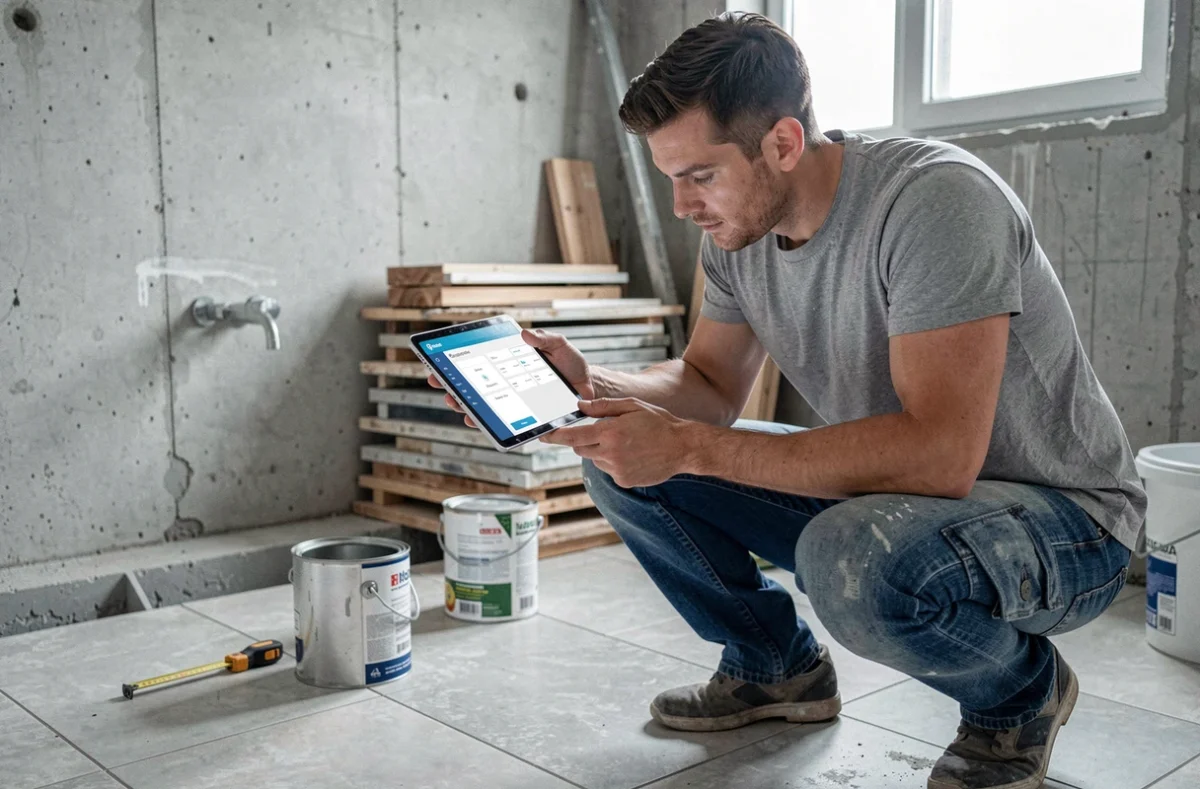 Homme utilisant une application de budget chantier sur tablette dans une salle de bain en cours de rénovation