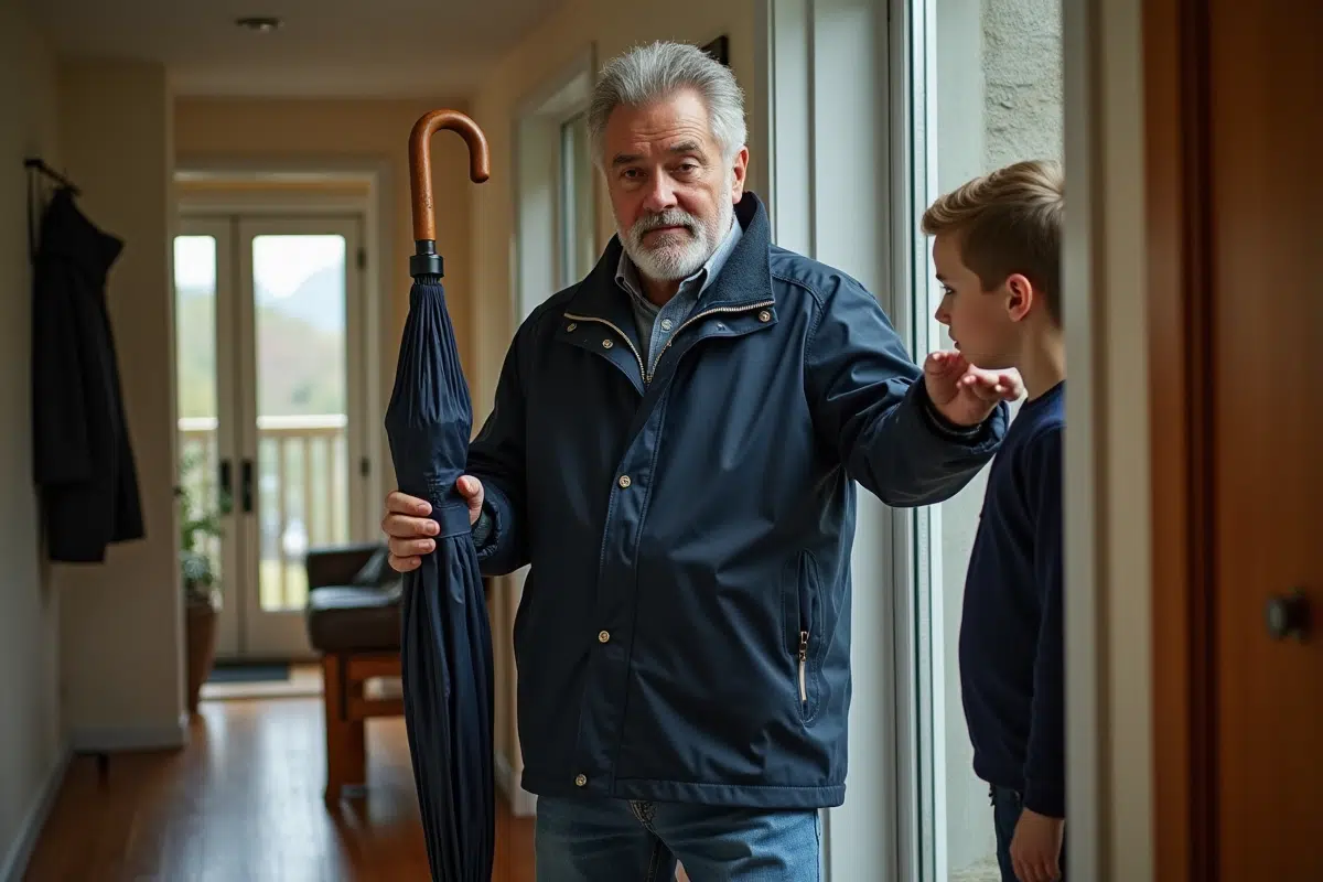 Homme montrant la fermeture automatique d’un parapluie dans un intérieur