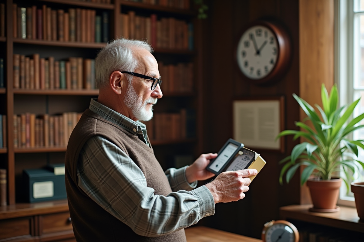 Homme âgé comparant un thermomètre à la wallmount