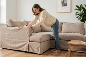 Femme ajustant une housse canapé d'angle convertible en lin beige dans un salon moderne et lumineux
