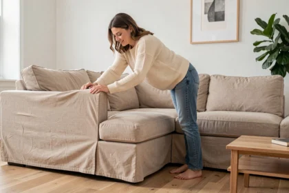 Femme ajustant une housse canapé d'angle convertible en lin beige dans un salon moderne et lumineux