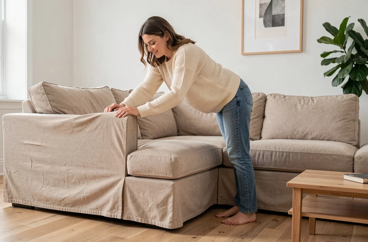 Femme ajustant une housse canapé d'angle convertible en lin beige dans un salon moderne et lumineux