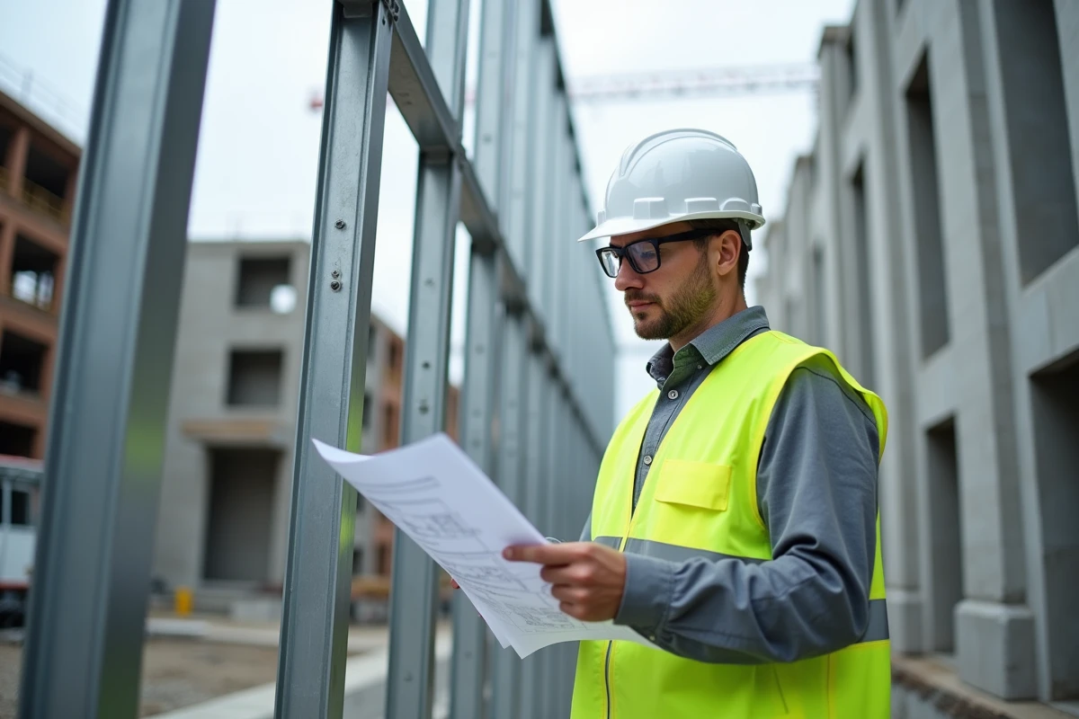 Ingénieur sur chantier examinant des plans devant une structure portante en tubes rectangulaires aluminium
