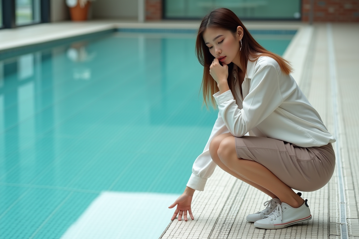 Jeune femme inspectant une mosaïque de piscine intérieure
