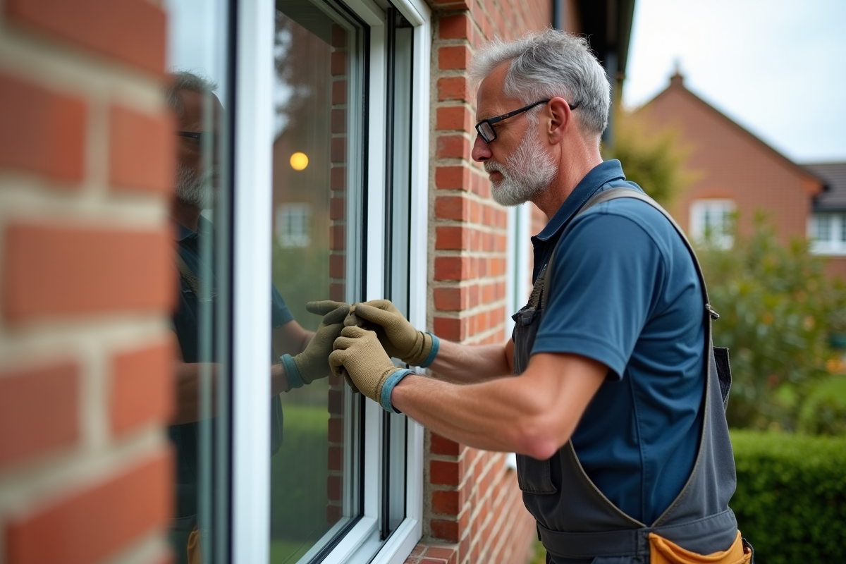 Installateur posant une fenetre triple vitrage sur une maison