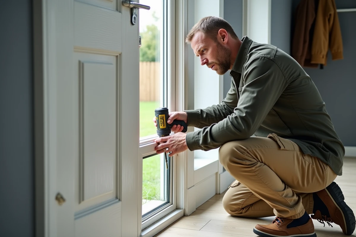 Homme installant une chatière dans une porte PVC avec une perceuse sans fil dans un couloir