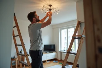 Homme installant lui-même un luminaire araignée au plafond dans un appartement moderne, avec outils électriques au sol