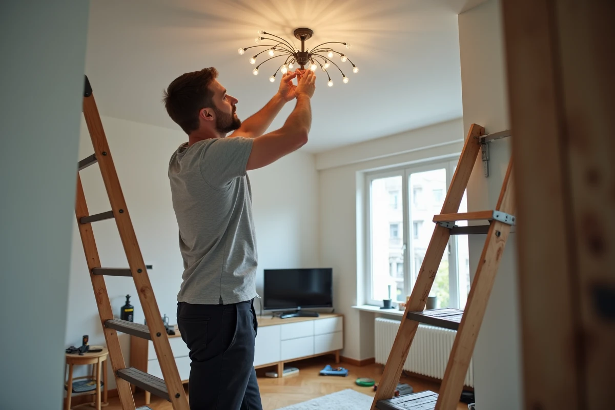 Homme installant lui-même un luminaire araignée au plafond dans un appartement moderne, avec outils électriques au sol