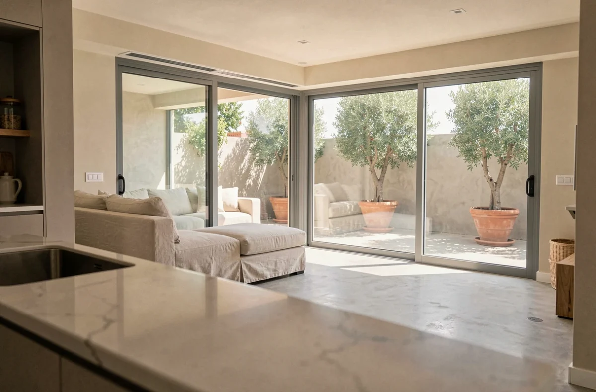 Intérieur lumineux d'une maison en L avec angle vitré et portes coulissantes ouvrant sur terrasse, optimisant la lumière naturelle dans le séjour