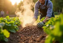 Jardinier étalant des copeaux de bois frais parmi les légumes au printemps