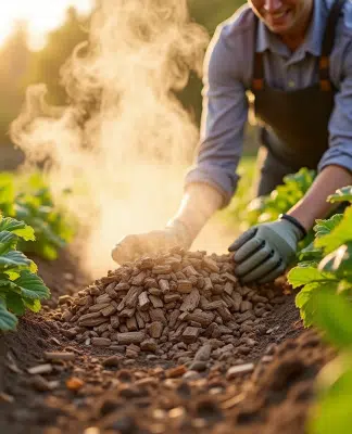 Jardinier étalant des copeaux de bois frais parmi les légumes au printemps
