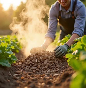 Jardinier étalant des copeaux de bois frais parmi les légumes au printemps
