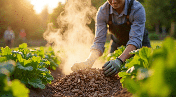Jardinier étalant des copeaux de bois frais parmi les légumes au printemps