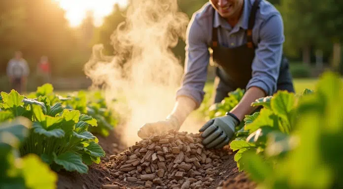 Jardinier étalant des copeaux de bois frais parmi les légumes au printemps