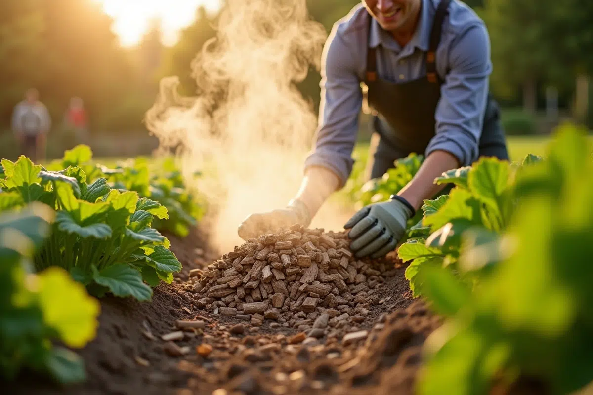 Jardinier étalant des copeaux de bois frais parmi les légumes au printemps