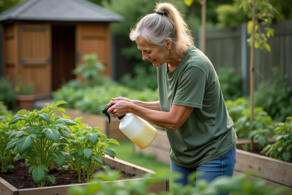 Femme arrosant ses plants de tomates dans un jardin