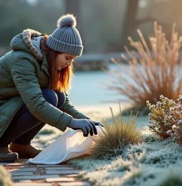 Protéger fleurs gel : meilleures méthodes à appliquer en jardinage Femme jardiniere couvrant ses fleurs au matin froid