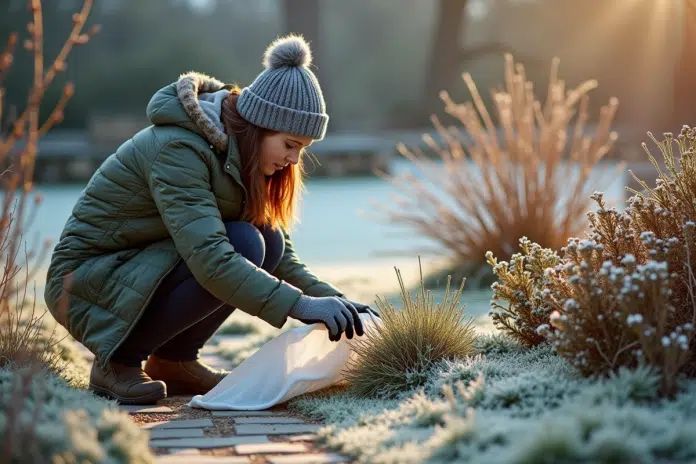 Femme jardiniere couvrant ses fleurs au matin froid