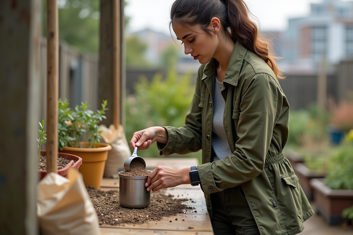 Jeune femme mesurant de la terreau dans un jardin urbain