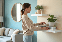 Jeune femme arrangeant des livres pastel dans un salon moderne