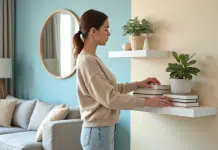 Jeune femme arrangeant des livres pastel dans un salon moderne