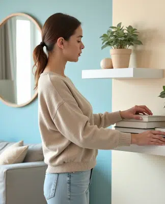 Jeune femme arrangeant des livres pastel dans un salon moderne