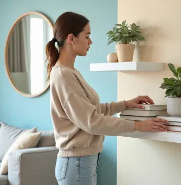Salon : couleurs pour agrandir l’espace. Astuces déco pour un salon plus grand ! Jeune femme arrangeant des livres pastel dans un salon moderne