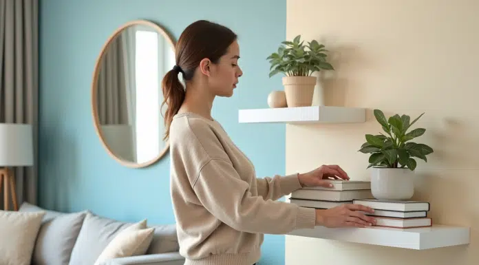 Jeune femme arrangeant des livres pastel dans un salon moderne