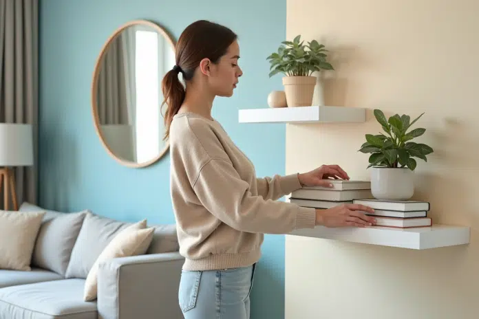 Jeune femme arrangeant des livres pastel dans un salon moderne