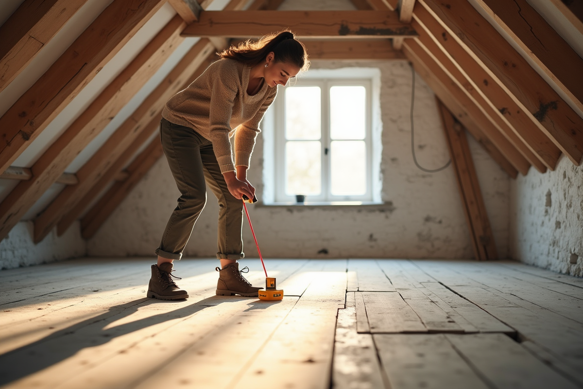 Jeune femme marquant un plancher ancien dans un grenier rénové