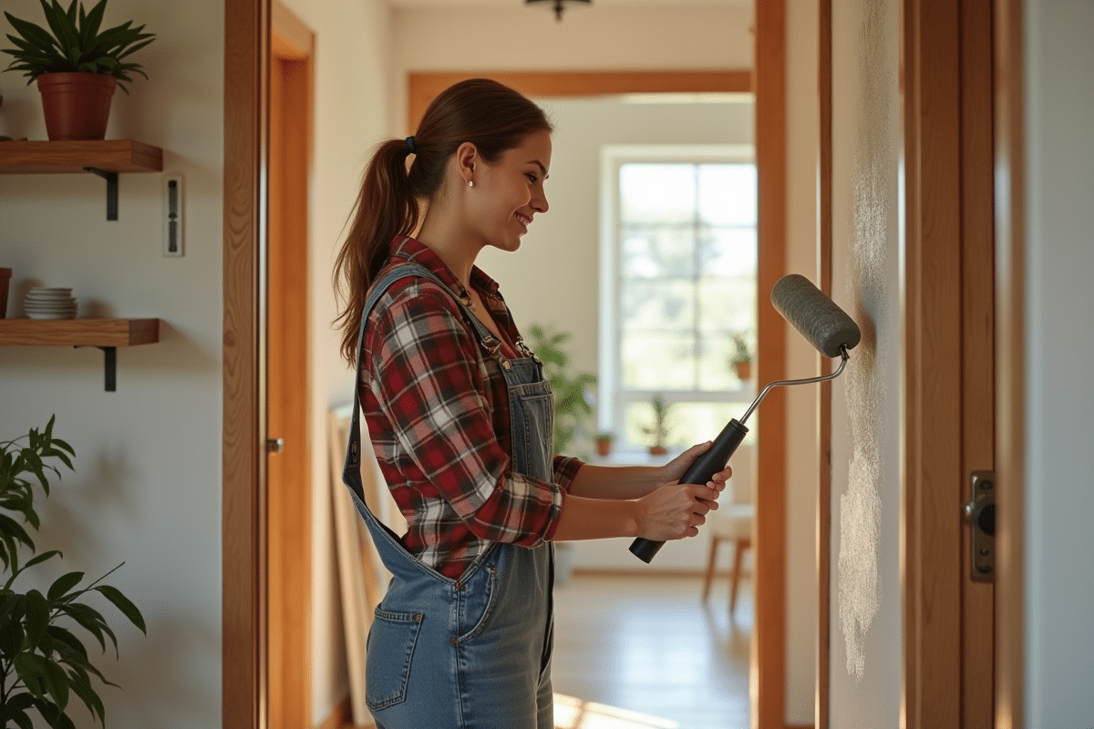 Jeune femme en overalls peignant un cadre de porte en bois dans une entrée lumineuse