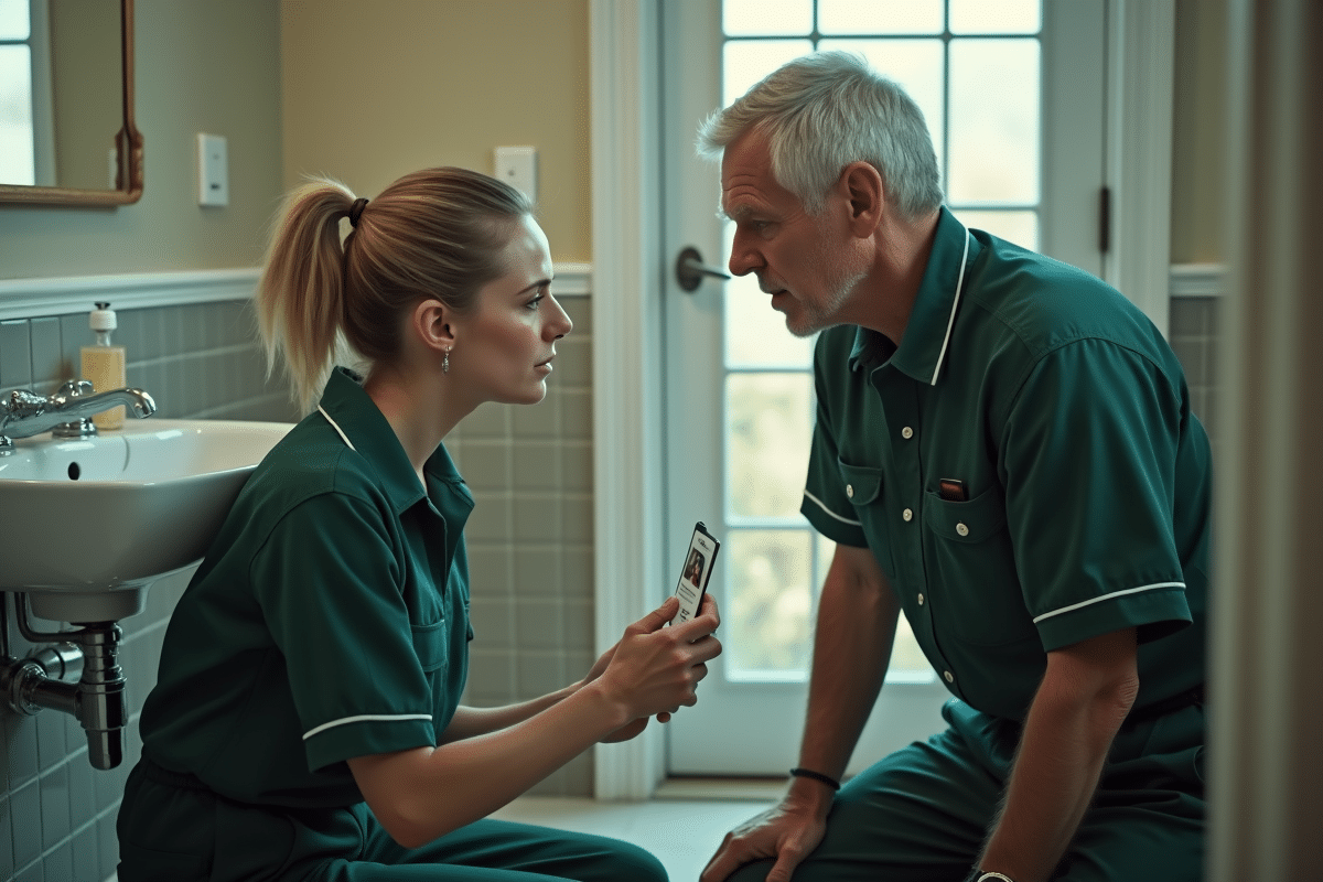 Jeune femme plombier montrant sa carte dans une salle de bain