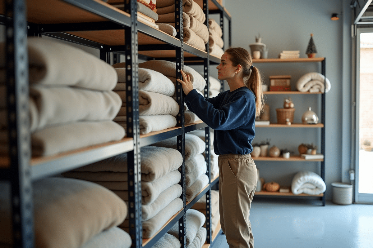 Jeune femme empilant des couvertures dans un garage moderne