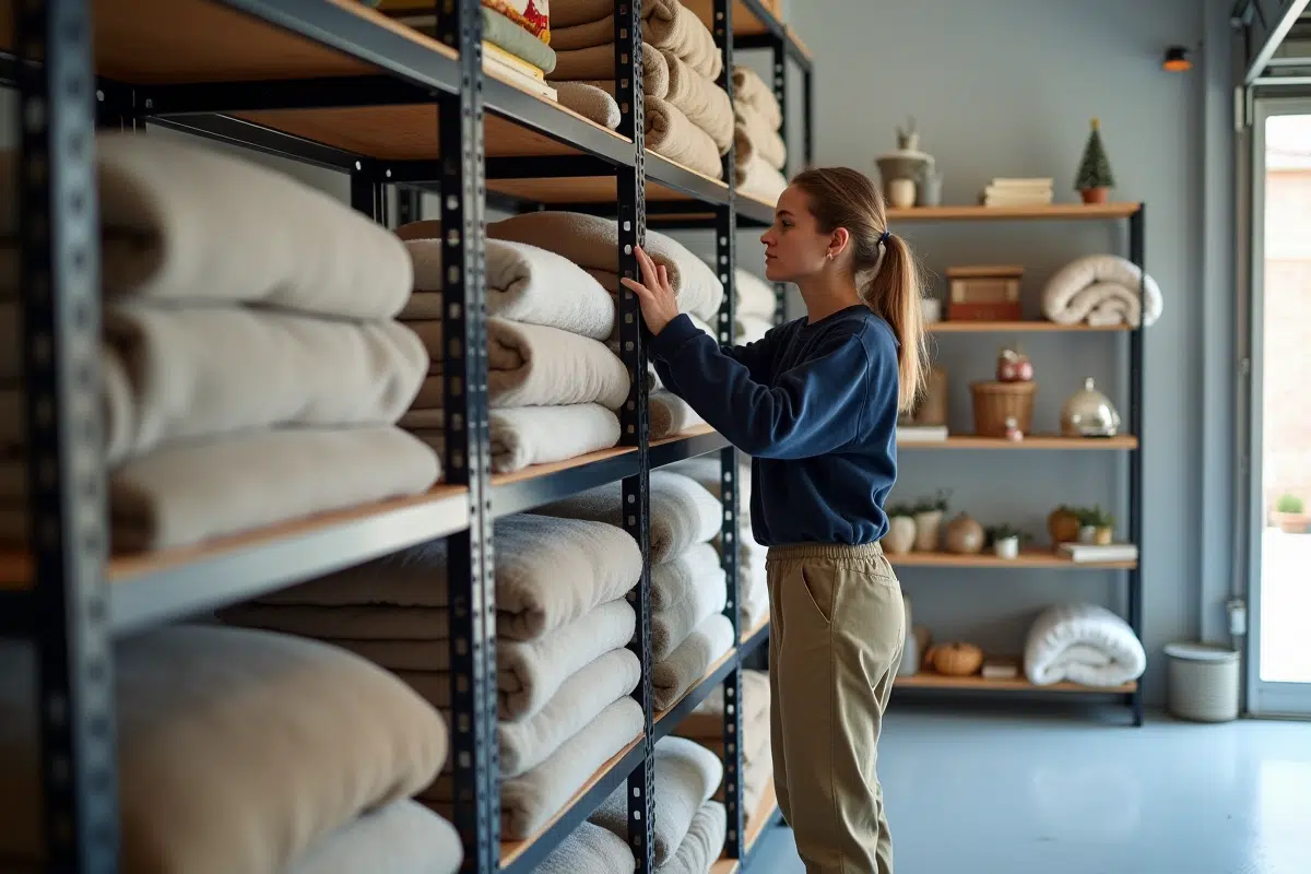 Jeune femme empilant des couvertures dans un garage moderne