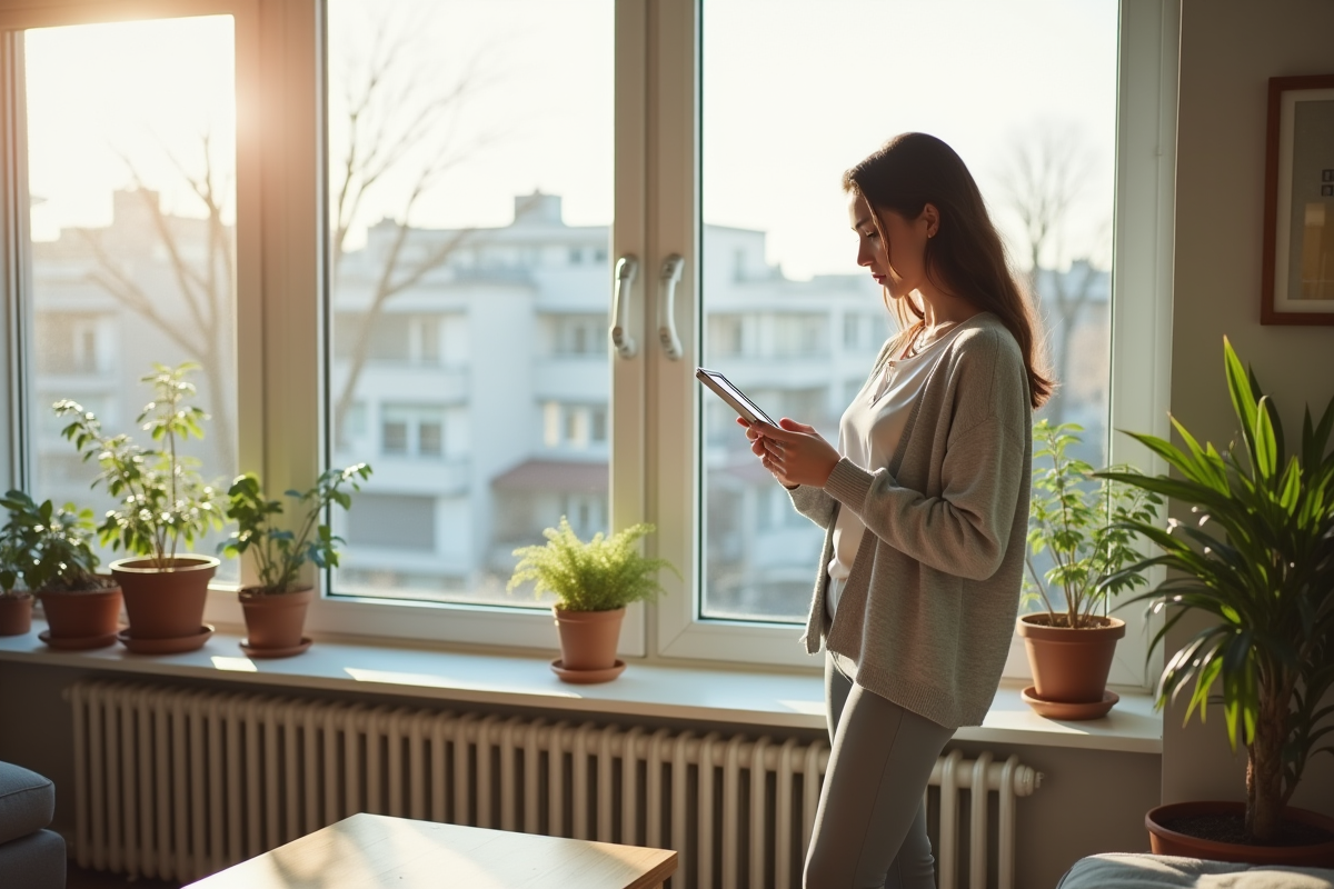 Jeune femme compare chiffres sur tablette et notes dans le salon