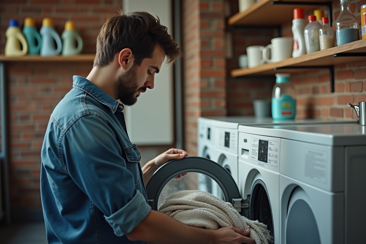 Jeune homme chargeant un sèche-linge en appartement urbain