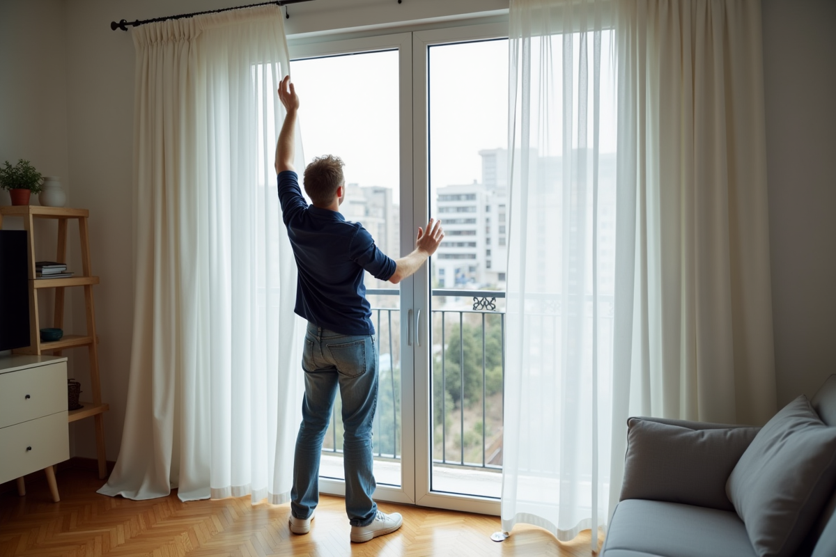 Jeune homme montrant comment poser des rideaux avec une barre de tension
