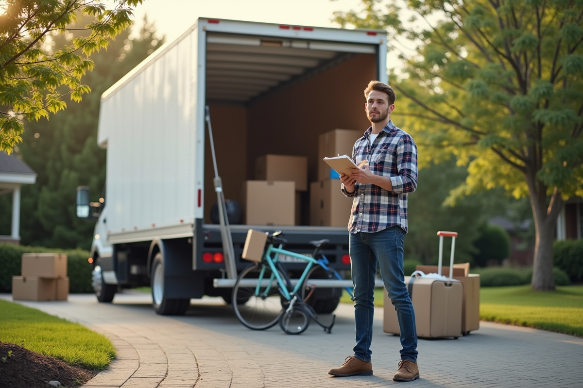Jeune homme avec carnet planifiant le chargement devant le camion
