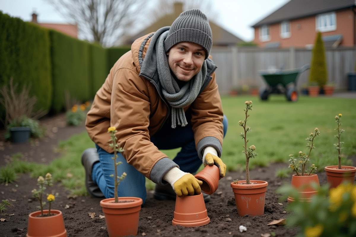 Jeune homme protégeant des fleurs avec des pots en jardin