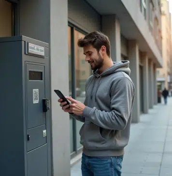 Livraison express sans adresse : les meilleures solutions à domicile ! Jeune homme scannant un QR code devant un immeuble moderne