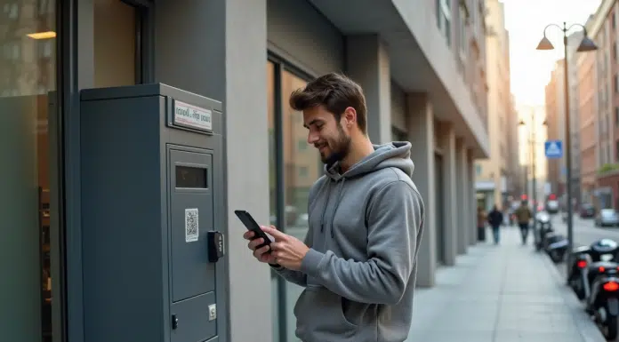 Jeune homme scannant un QR code devant un immeuble moderne