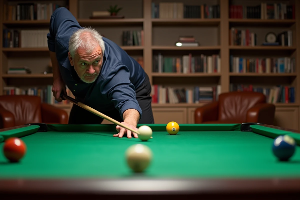 Homme jouant au billard sur une table haut de gamme dans un appartement contemporain