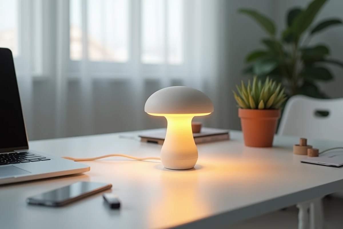 Lampe champignon USB branchée sur un ordinateur portable sur un bureau minimaliste avec une plante succulente