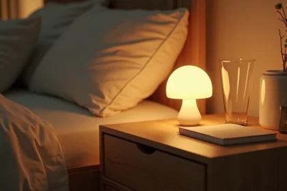 Lampe de chevet en forme de champignon posée sur une table de nuit en bois avec un livre et un verre d'eau