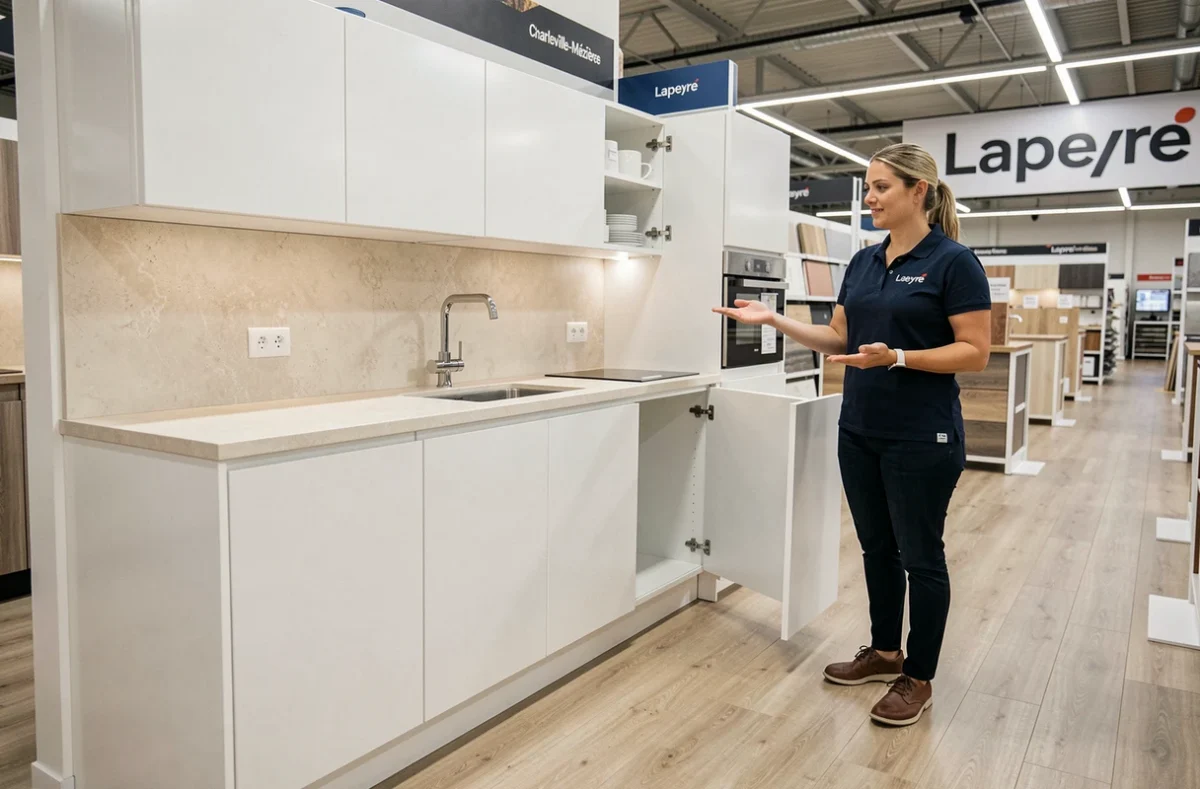Cuisine exposée dans le magasin Lapeyre de Charleville-Mézières avec une conseillère présentant les modèles disponibles