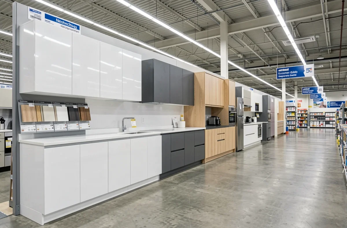 Rayon cuisine du magasin Lapeyre avec différents modèles de cuisines modulables exposés sur un mur de présentation