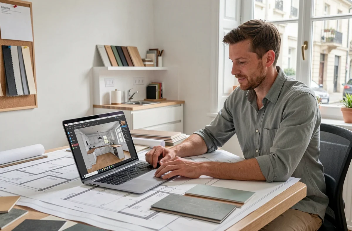 Bureau de conception de LDH Aménagement avec plans de cuisine sur table à dessin et logiciel 3D ouvert sur ordinateur