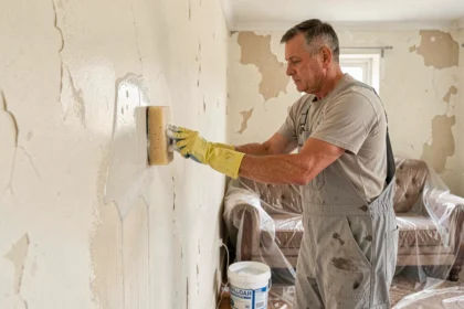 Homme lessivant un mur intérieur peint avant une rénovation, avec éponge et eau savonneuse