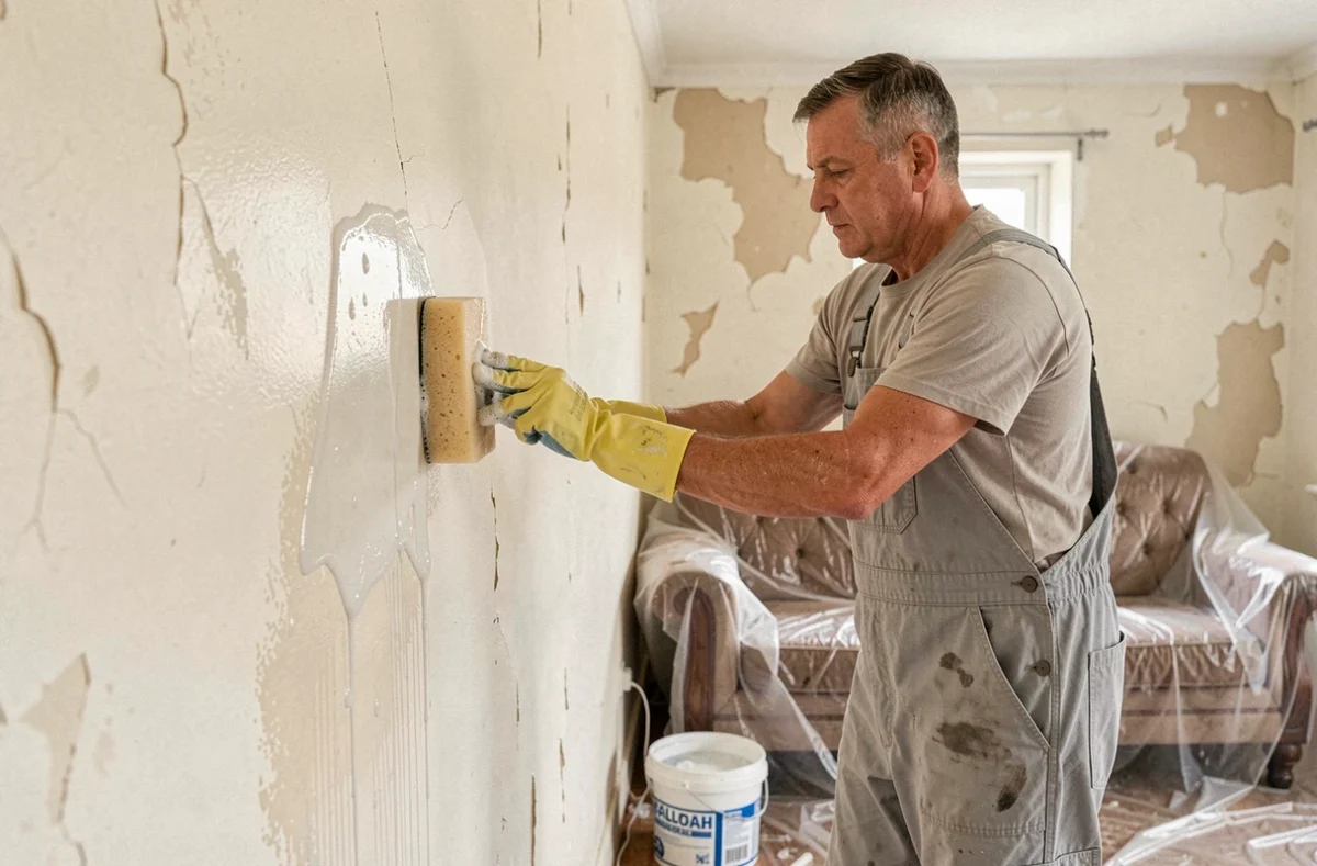 Homme lessivant un mur intérieur peint avant une rénovation, avec éponge et eau savonneuse